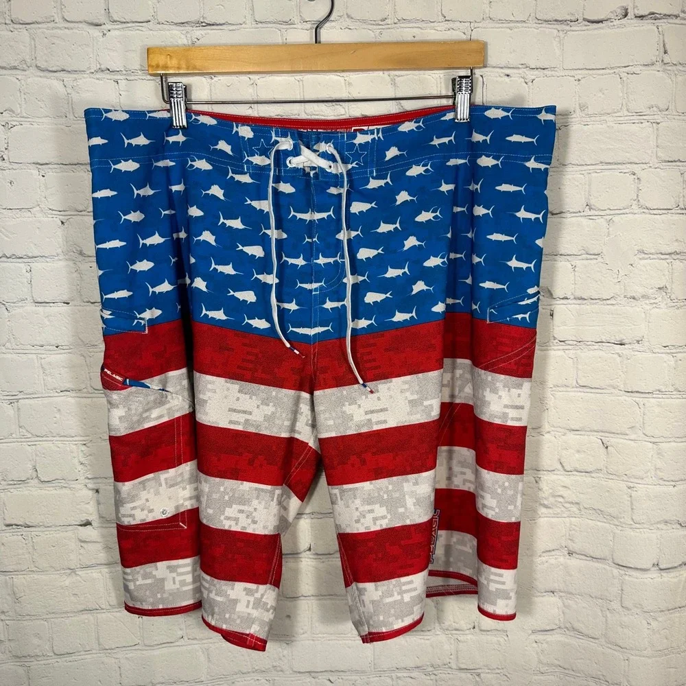 Pelagic Mens Sharkskin Boardshorts American Flag Fish Camo Blue Red White 40